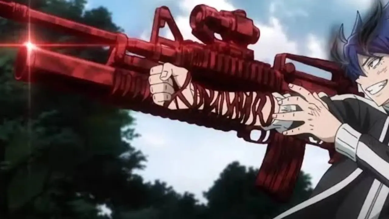 Shiki Ichinose usa su técnica Blood Gun contra un enemigo en Tougen Anki Shiki Ichinose usa su técnica Blood Gun contra un enemigo en Tougen Anki