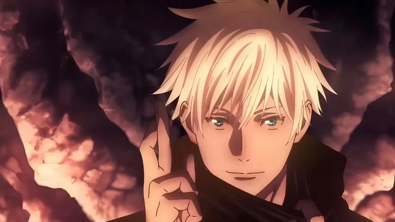 Satoru Gojo aktywuje swoją Nieograniczoną Ekspansję Domeny Pustki przeciwko Jogo w Jujutsu Kaisen.