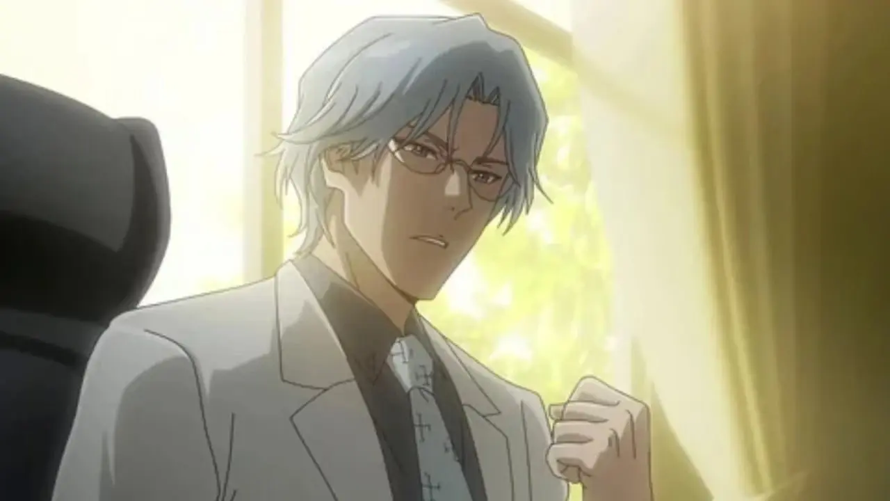 Ryuken Ishida tente de raisonner Uryu dans son bureau dans Bleach : la guerre sanglante de mille ans. Ryuken Ishida tente de raisonner Uryu dans son bureau dans Bleach : la guerre sanglante de mille ans.