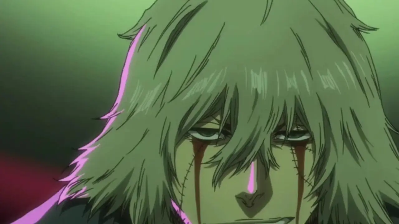 Kisuke Urahara sonríe mientras su Bankai reconstruye sus ojos contra Askin en Bleach: TYBW.