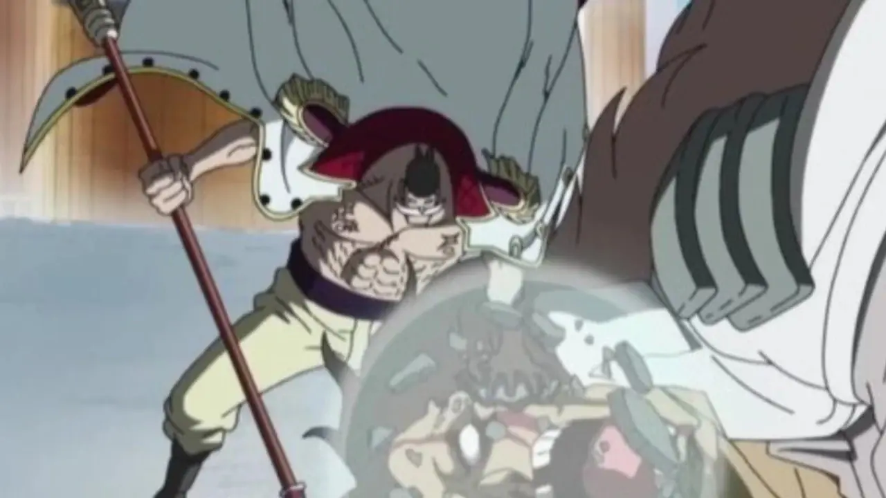 Whitebeard nutzt die Kraft der Tremor-Tremor-Frucht auf Admiral Akainus Logia-Körper in One Piece