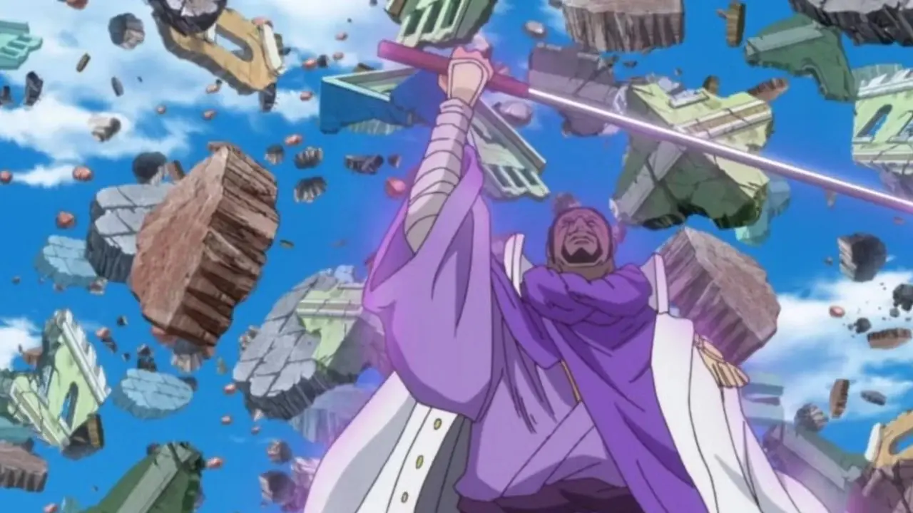 원피스의 Dressrosa Arc에서 Press-Press 과일을 사용하는 후지토라 해병대 제독 원피스의 Dressrosa Arc에서 Press-Press 과일을 사용하는 후지토라 해병대 제독