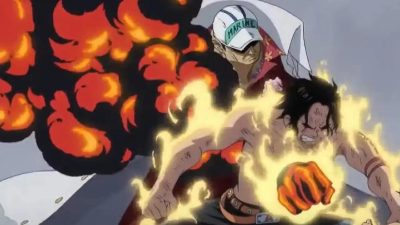Białobrody używa mocy Owocu Drżenia na ciele Logii Admirała Akainu w One Piece