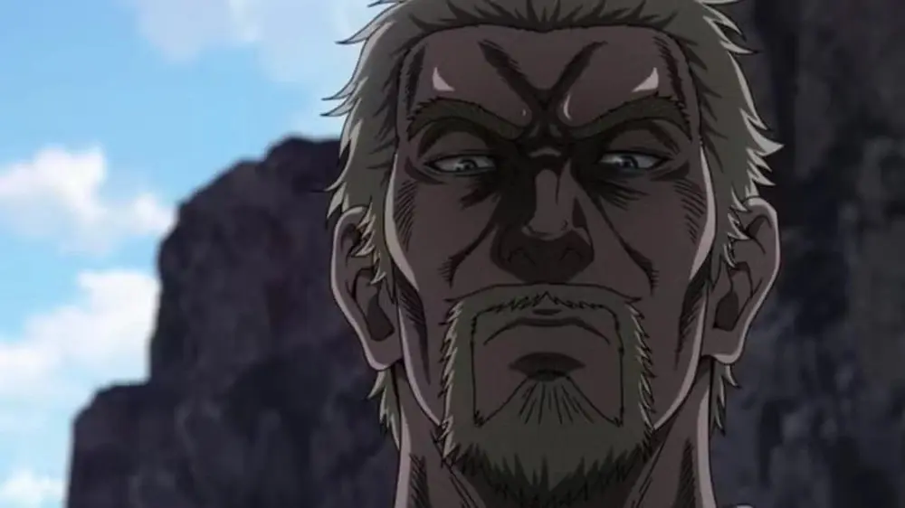 Askeladd staart dreigend naar een jonge Thorfin in Vinland Saga Askeladd staart dreigend naar een jonge Thorfin in Vinland Saga