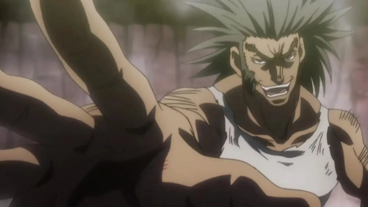 Meester Roshi laadt een Kamehameha op in Dragon Ball Super, en Akza van Demon Slayer en Uvogin van HxH glimlachend midden in het gevecht.