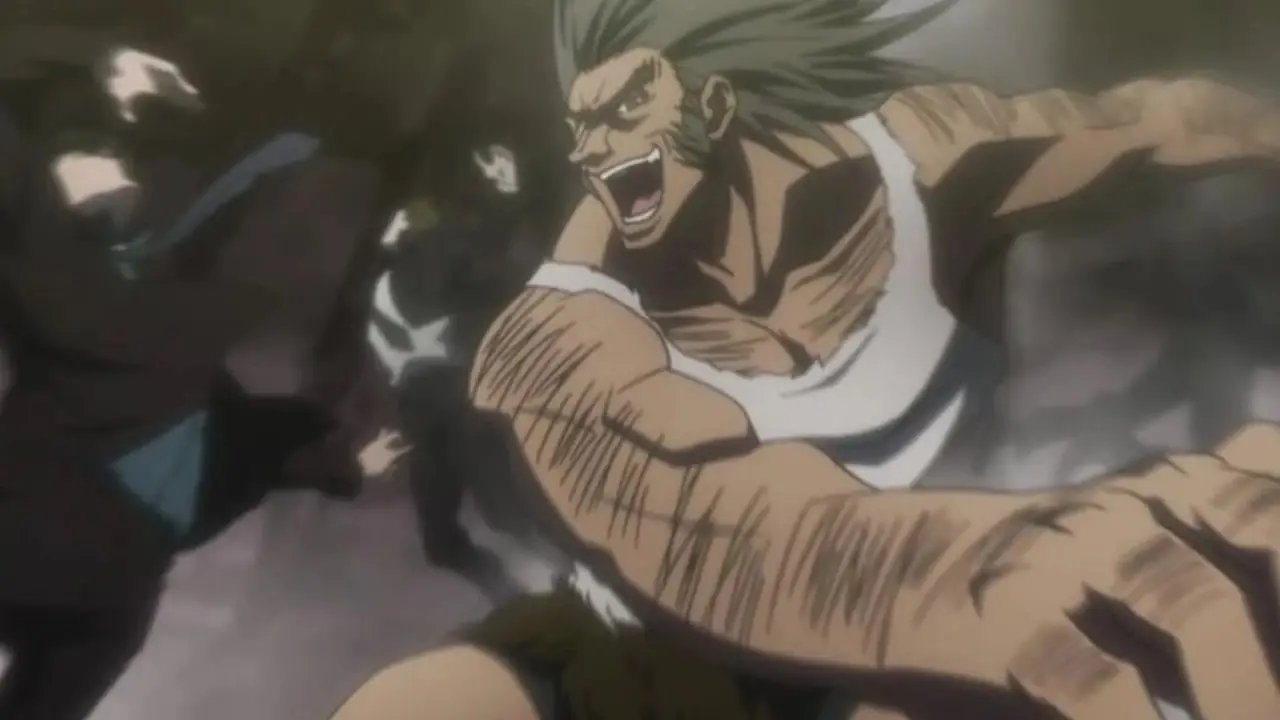 Arlong, One Piece'te Arlong Park'ta Luffy ile dövüşürken şeytani bir sırıtış sergiliyor.