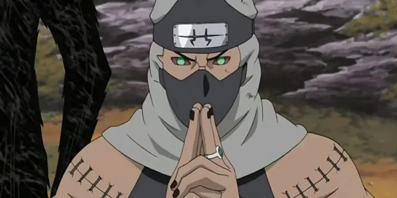 Kakuzu prepara un jutsu Estilo Fuego contra Kakashi y el Equipo Asuma en Naruto: Shippuden