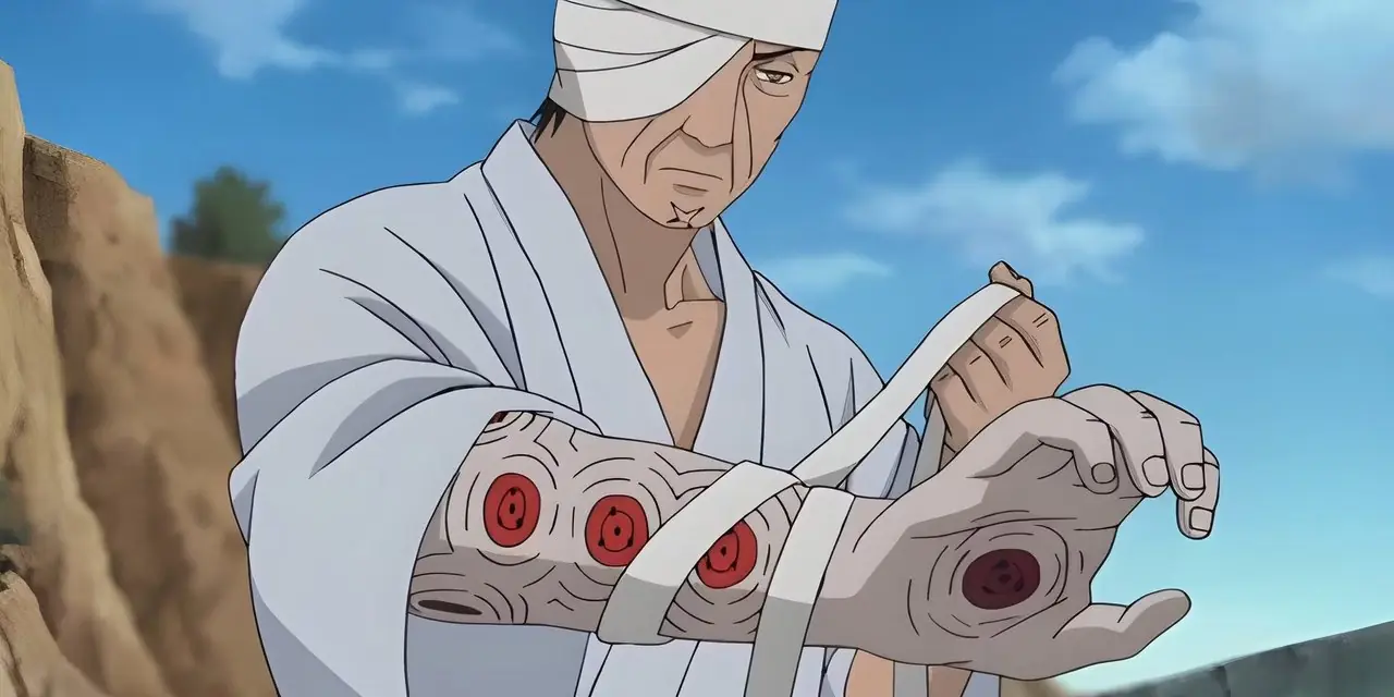 Danzo Shimura revela los Sharingans en su brazo derecho.