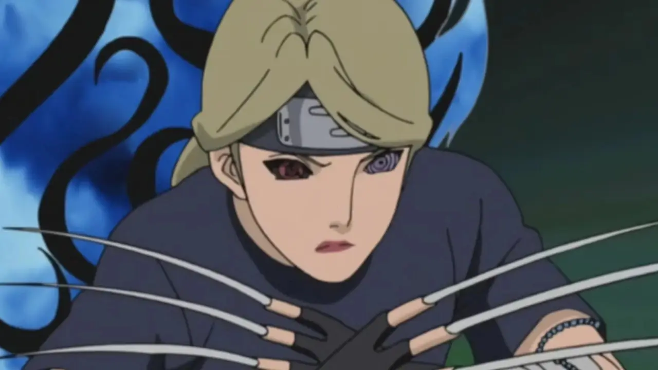 Chiriku se prepara para usar el Enfoque de bienvenida: Asesinato con mil armas contra Hidan y Kakuzu en Naruto: Shippuden.