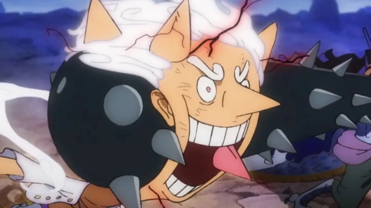 Kaido schlägt Gear 5 Ruffy mit seinem Stachelschläger. Kaido schlägt Gear 5 Ruffy mit seinem Stachelschläger.