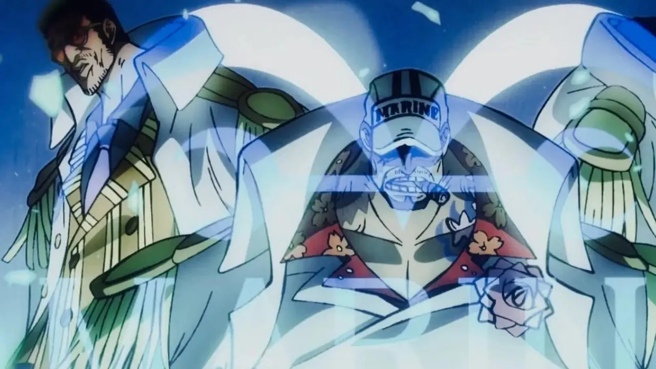 Wano's Nine Red Scabbards angriper Kaido under Onigashima Raid in One Piece.