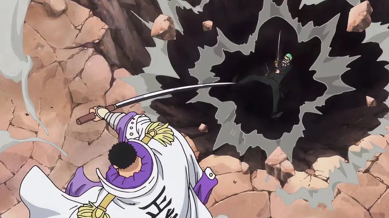 Divers vice-amiraux de la Marine sont au garde-à-vous avec l'amiral de la flotte Sengoku en arrière-plan dans One Piece.