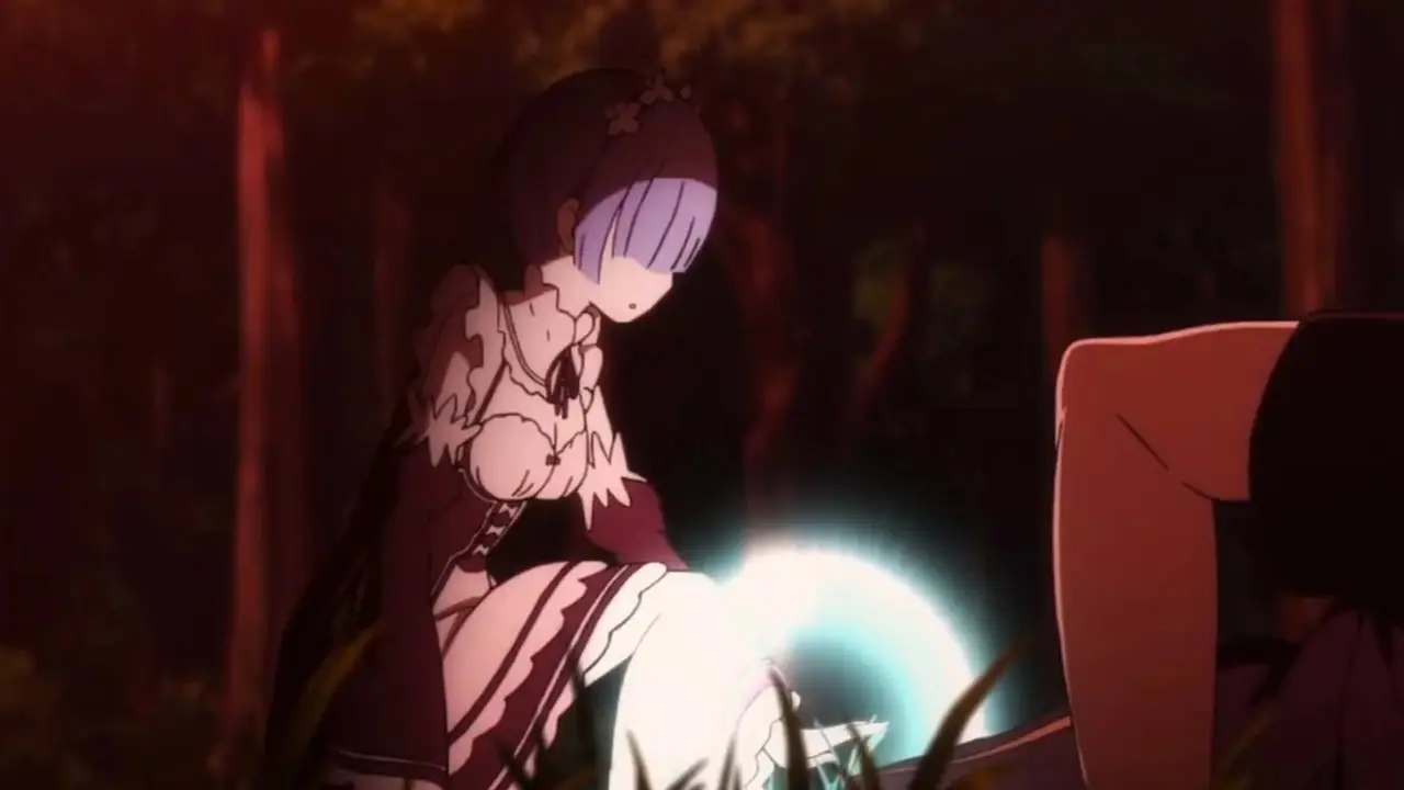 Rem leży martwa w łóżku z płaczącym Ramem obok niej i trzema osobami stojącymi w tle, widzianymi w sezonie 1, odcinku 7, ReZero Starting Life in Another World