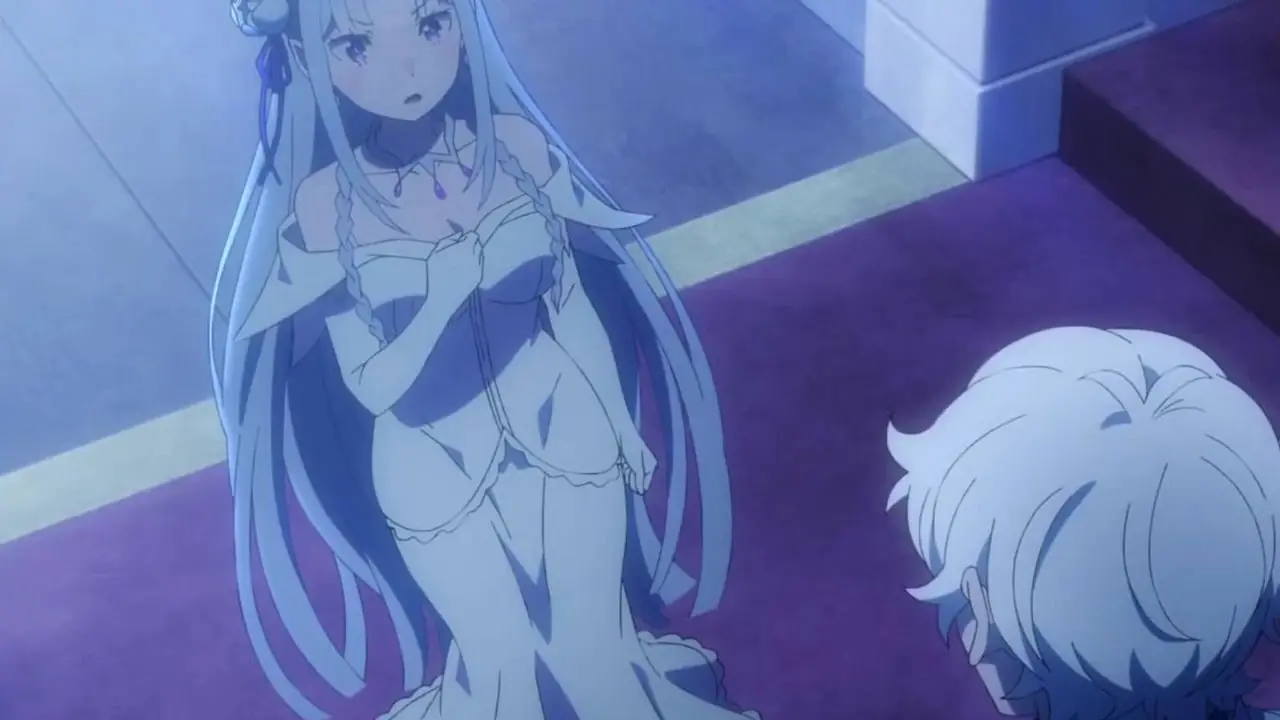 Emilia patrzy z niepokojem na Subaru leżącego z Puckiem na piersi w altanie widzianej w sezonie 1, odcinku 8. ReZero Zaczyna życie w innym świecie