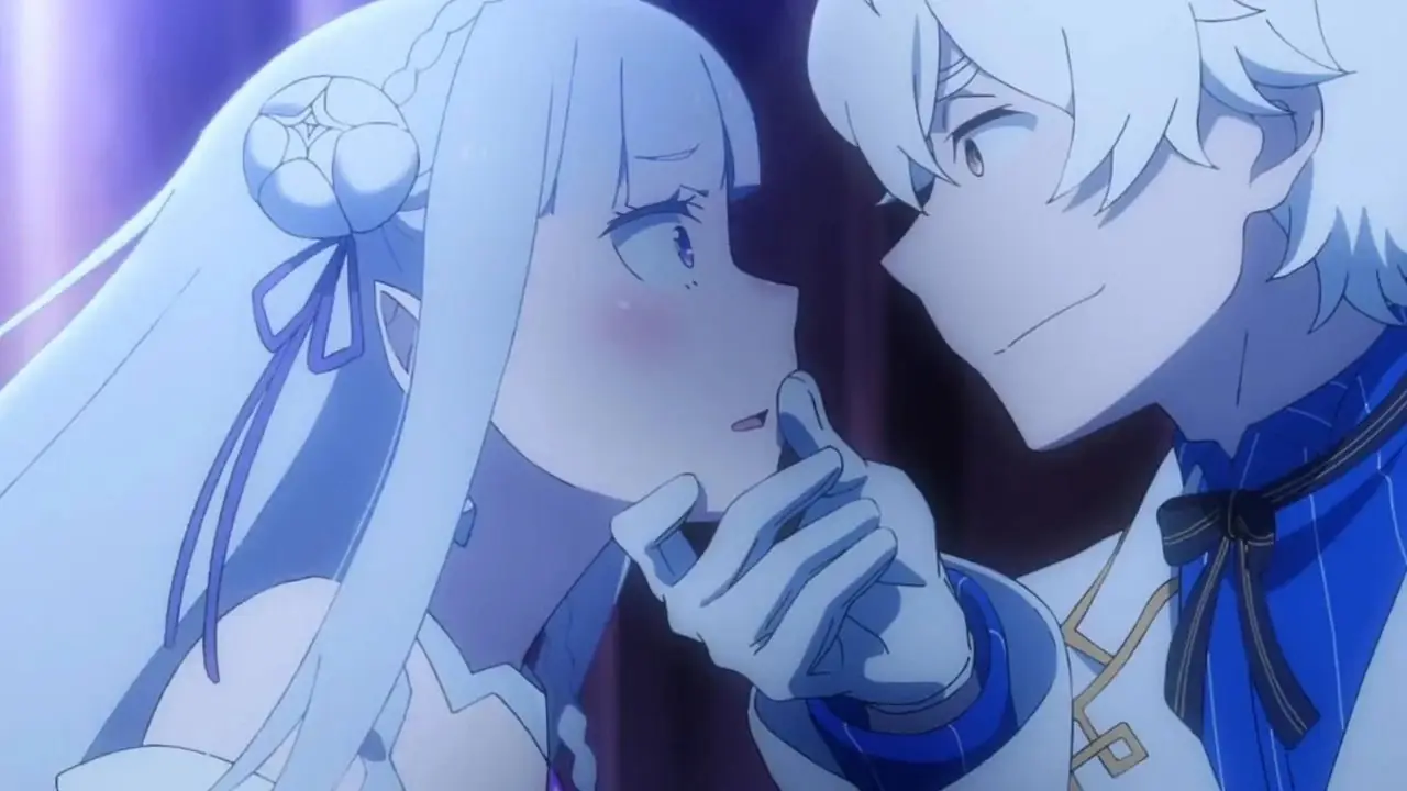 Subaru håller en nödställd Emilia i säsong 2 avsnitt 6 ReZero Starting Life in Another World