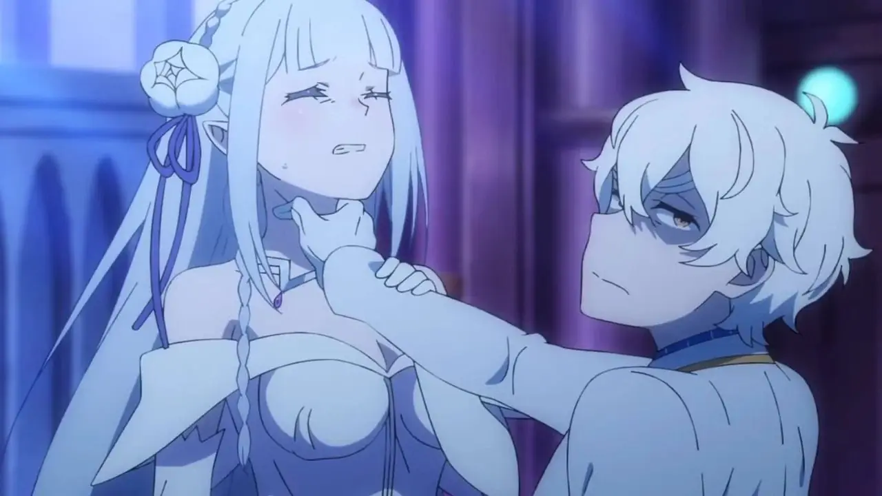 Emilia, 1. Sezon 14. Bölüm ReZero Start Life in Another World'de görülen bir geriye dönüşte gülümserken görülüyor