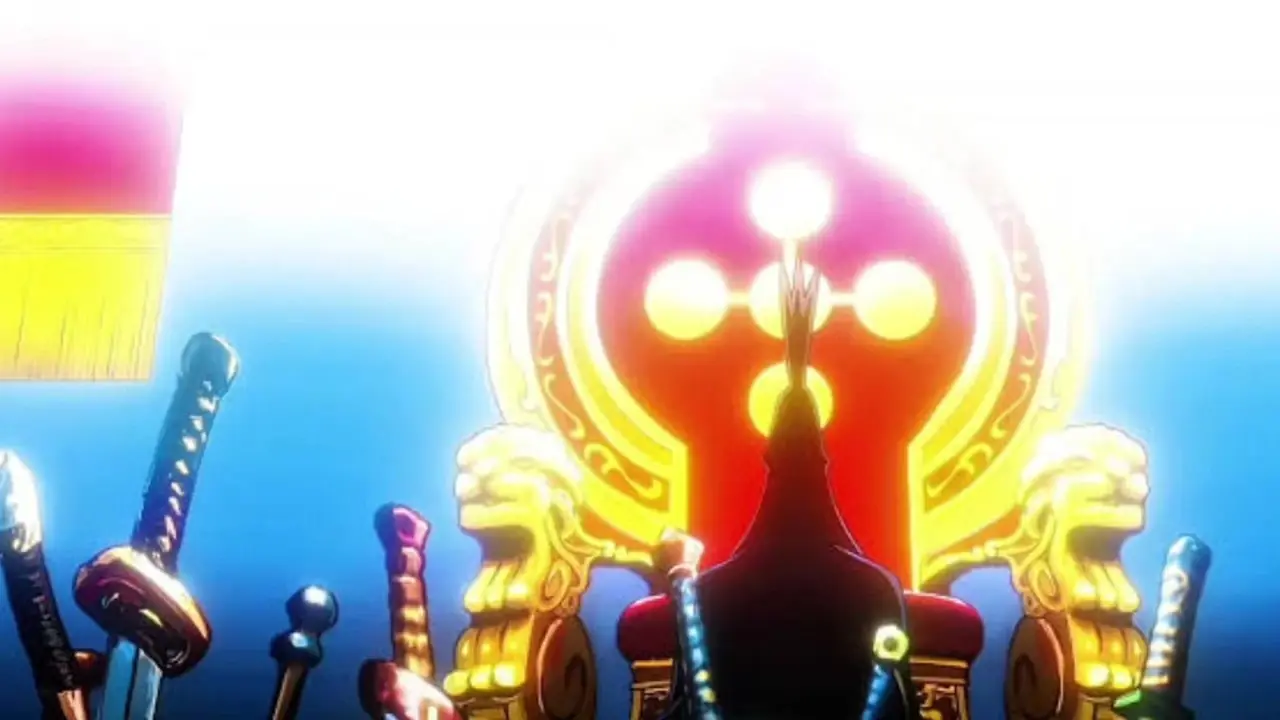 Lelouch vi Britannia senta-se em seu trono depois de dominar o mundo em Code Geass.