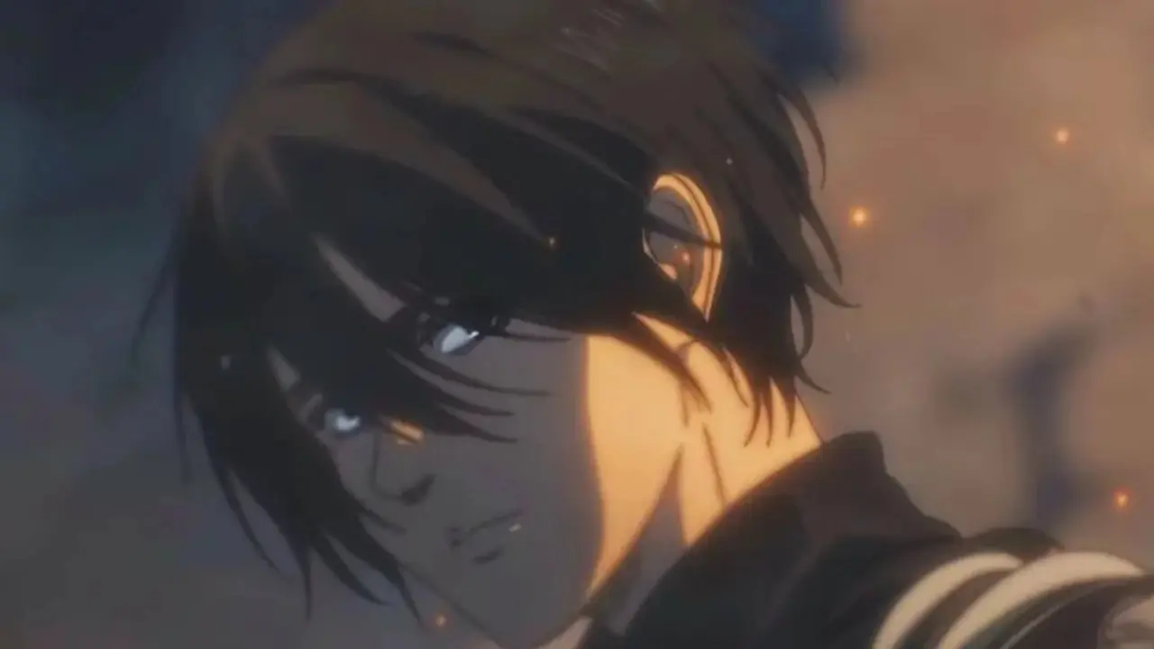 Mikasa Ackerman bereidt zich voor om de Female Titan aan te vallen in het eerste seizoen van Attack On Titan.