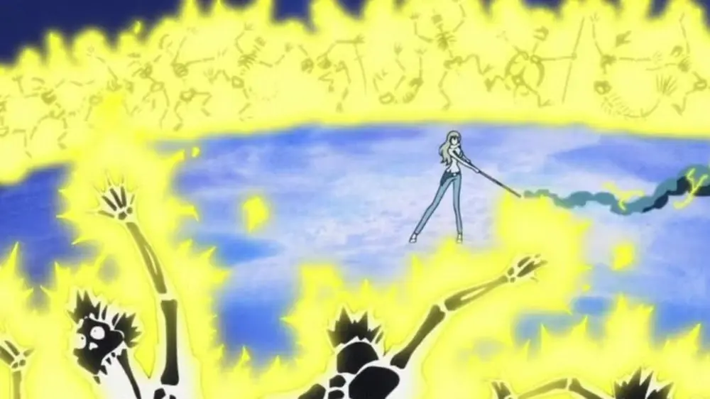 Nami usa su Clima-Tact contra Ulti durante el Onigashima Raid en One Piece.