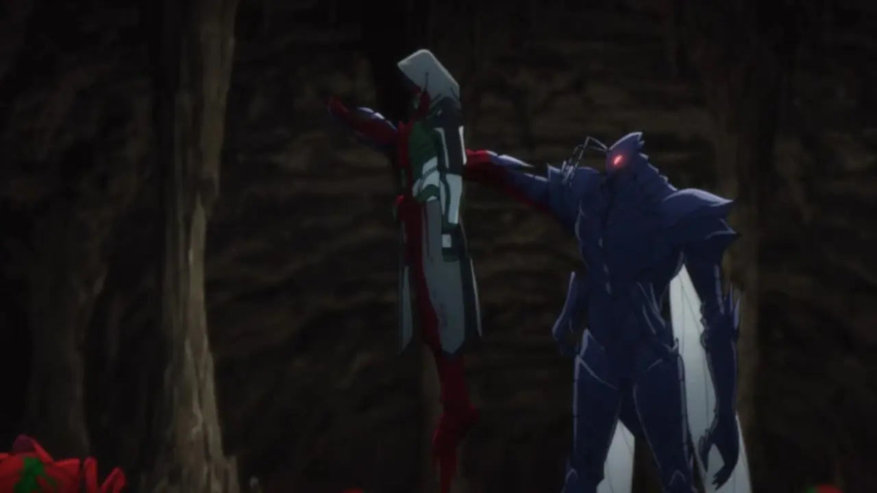 Tommyrod sourit alors qu'il vole dans les airs pendant que ses insectes se battent pour lui dans l'anime Toriko.