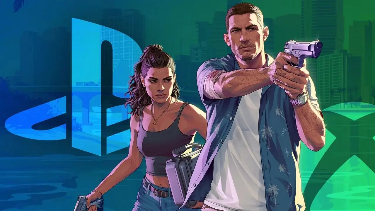 Personagens de gta 6 com logotipos de playstation e xbox em segundo plano