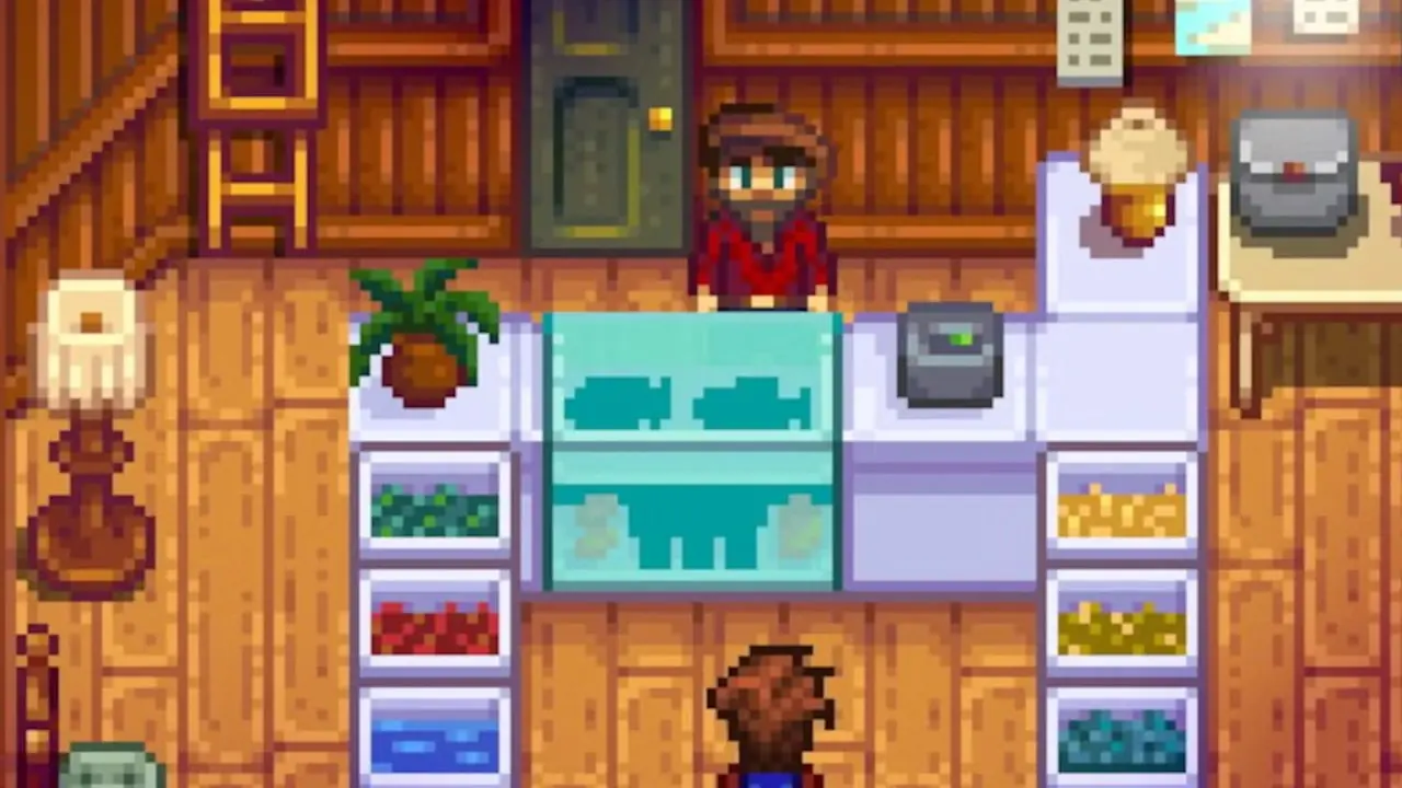 Ein Spielercharakter, der im Stardew Valley fischt