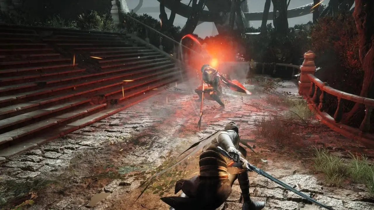 Captura de pantalla de Ashen Steam, jugador luchando contra múltiples enemigos.