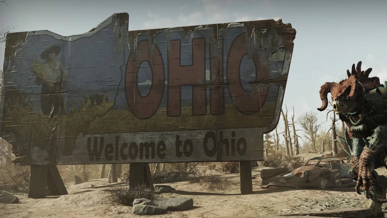 Çöl ortamında Fallout 76 Ohio tabelası Çöl ortamında Fallout 76 Ohio tabelası