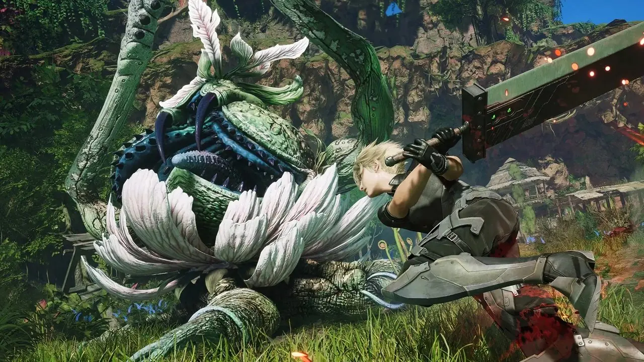 Tarjeta clave del juego Final Fantasy 7 Revelation Switch 2 frente al collage de la trilogía FF7 Remake