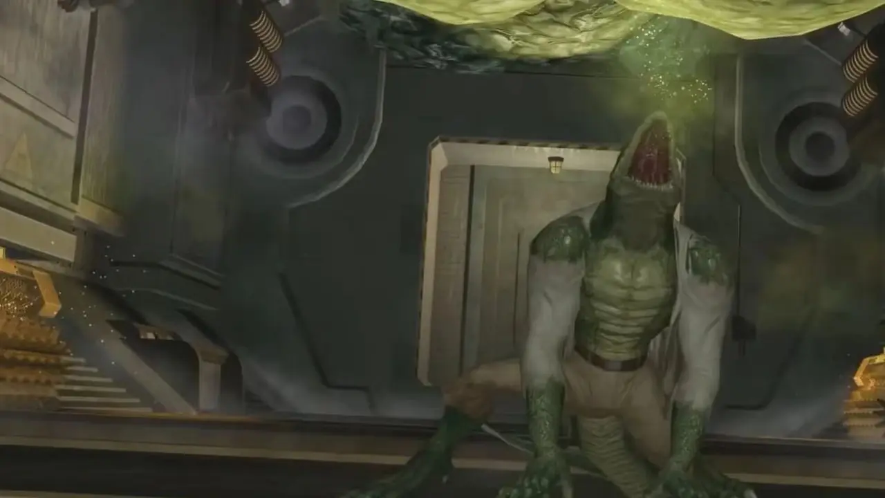 Hulk in piedi sopra Betty Ross in un laboratorio in Hulk 2003