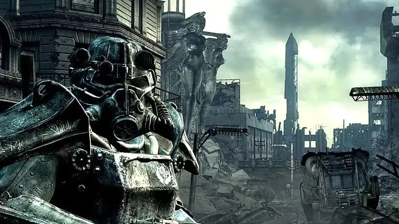 Fallout 76 Hombre ondeando la bandera de Estados Unidos contra el cielo azul claro