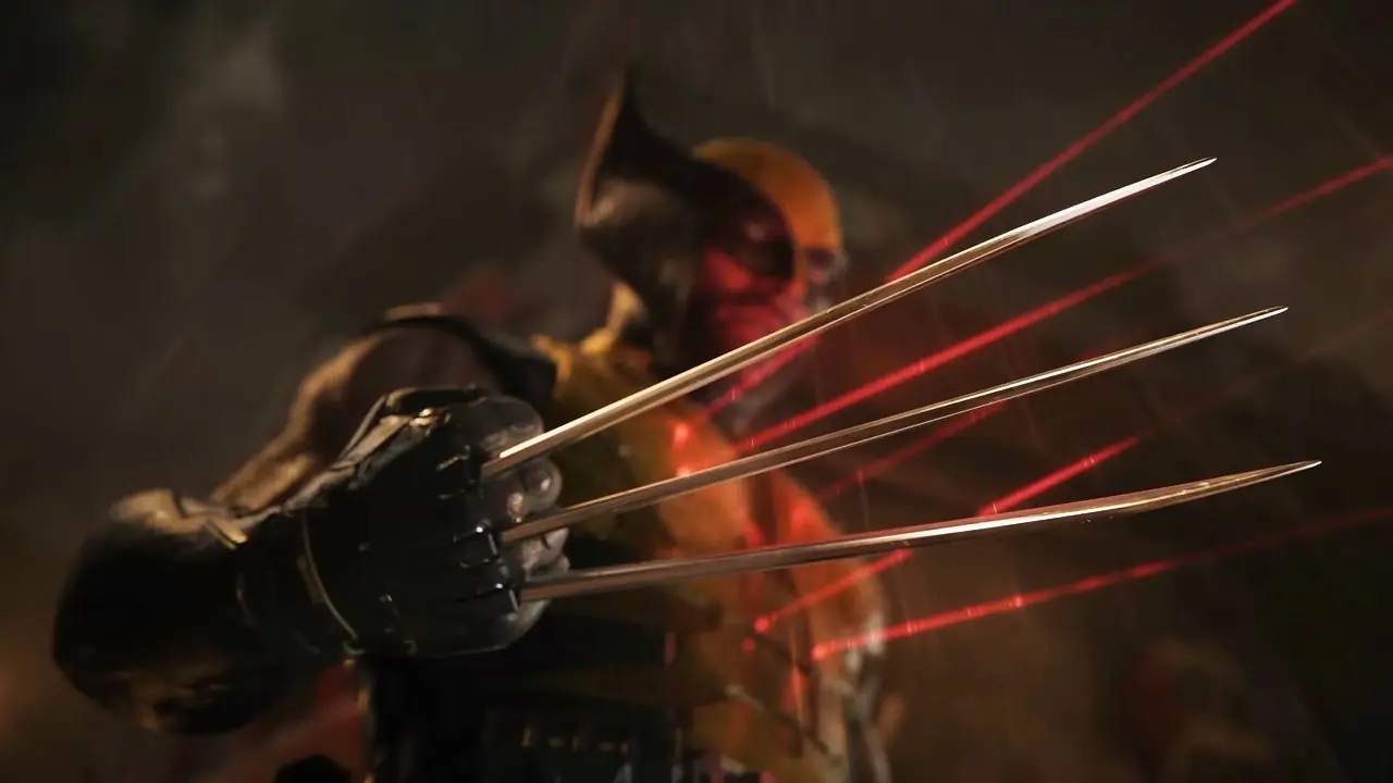 Una toma de Logan con el traje clásico de X-Men Wolverine luchando contra algunos mercenarios en el desierto canadiense.