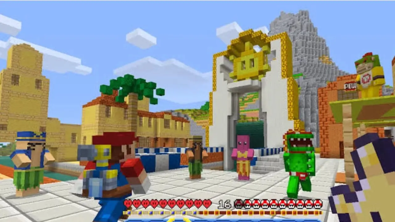블록 텍스처 팩 디스플레이 앞의 Mario의 Minecraft 스킨