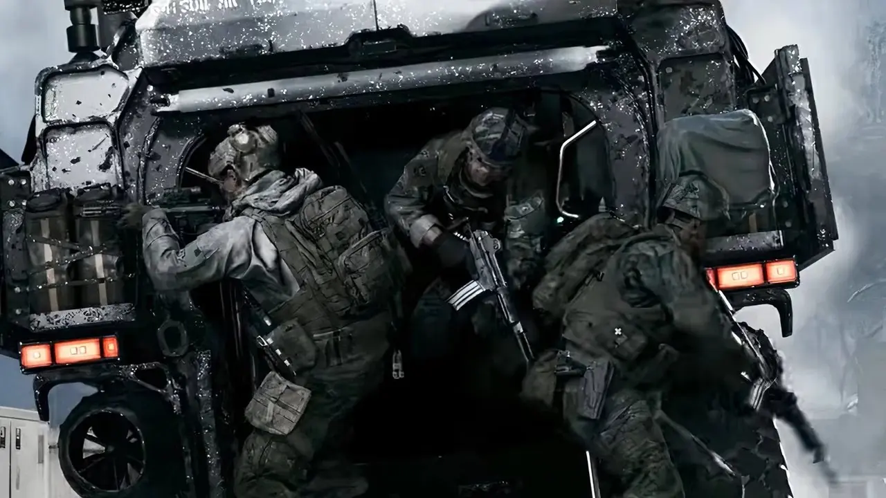 Un soldado surcoreano con equipo táctico sostiene un rifle de asalto en una calle llena de humo mientras los edificios arden detrás de él en Call of Duty: Modern Warfare 4