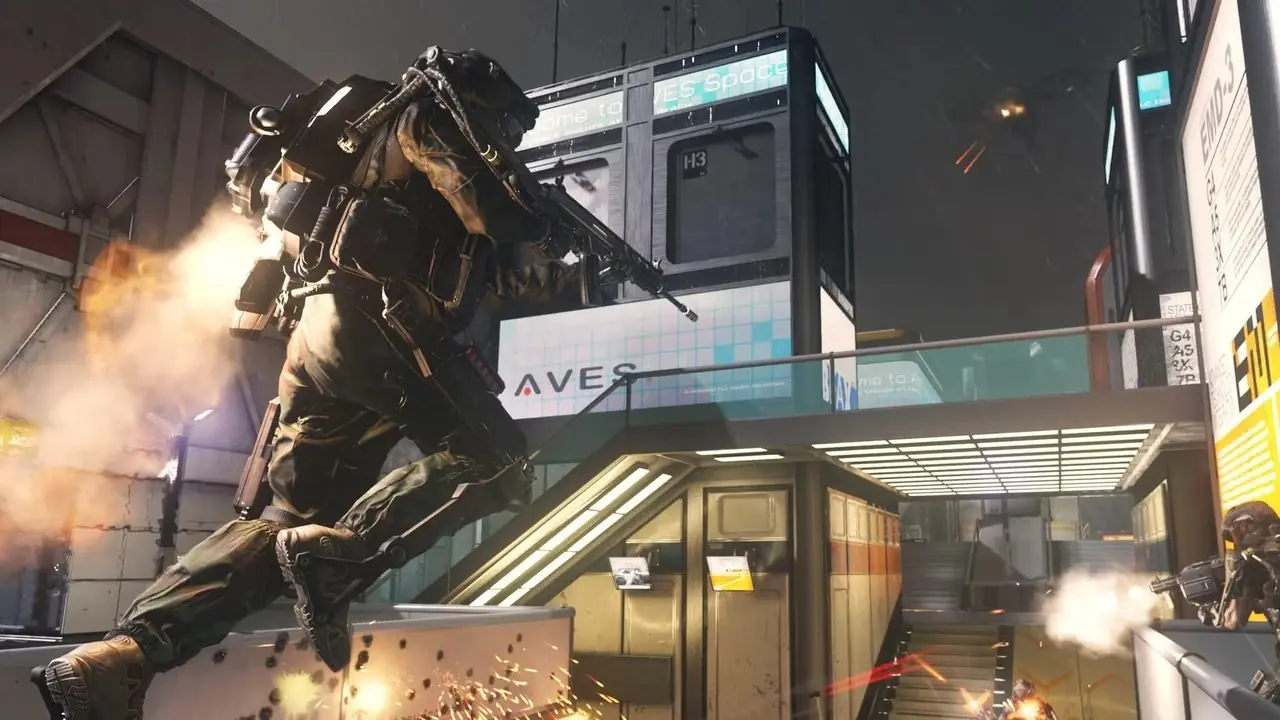Un soldado surcoreano con equipo táctico sostiene un rifle de asalto en una calle llena de humo mientras los edificios arden detrás de él en Call of Duty: Modern Warfare 4