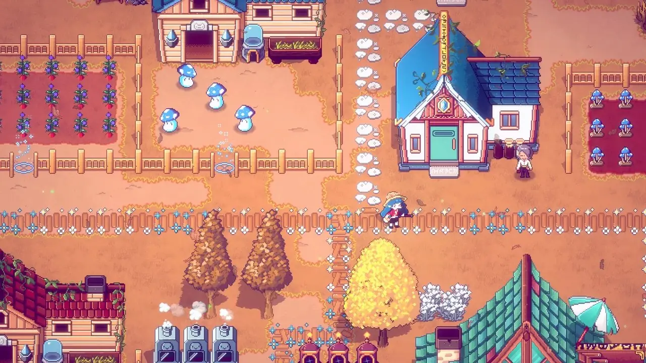 Uma vila de outono em Mystical Demon Farm com campos de cultivo coloridos, demônios em forma de cogumelo, cercas de madeira e uma loja cercada por casas decoradas