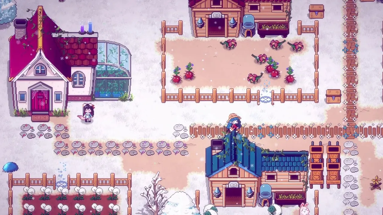 Заснеженная ферма в Mystical Demon Farm с посаженными зернами, деревянными постройками, огороженными садами, блуждающими демоническими существами и игроком, исследующим зимний пейзаж.