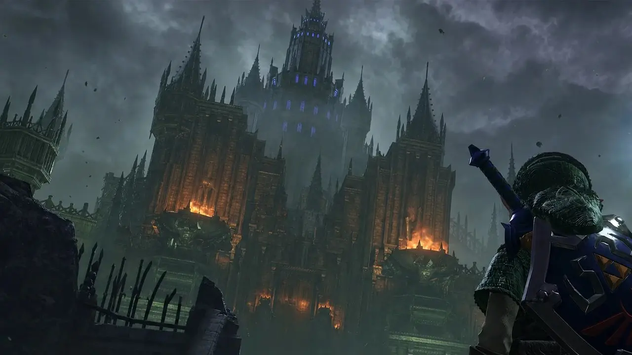 Adult Link와 Navi는 Zelda: Ocarina of Time Remake에서 폭풍우가 치는 하늘 아래 우뚝 솟은 불이 켜진 Ganon의 성을 마주하고 있습니다.