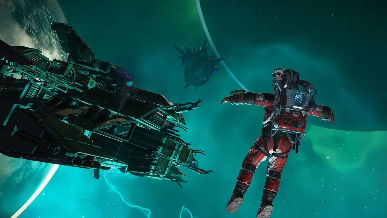 Игрок No Man's Sky и корабль на планете