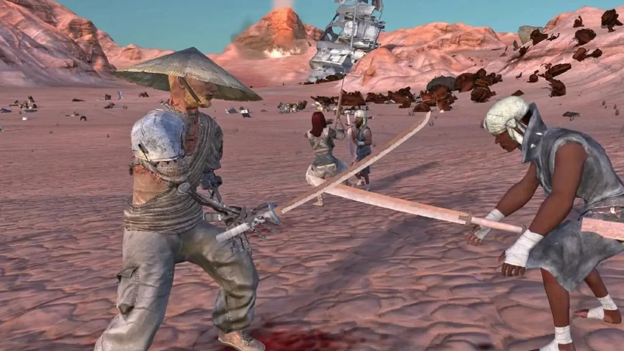 Morrowind-landschap met gigantische paddestoelbergen en een rivier