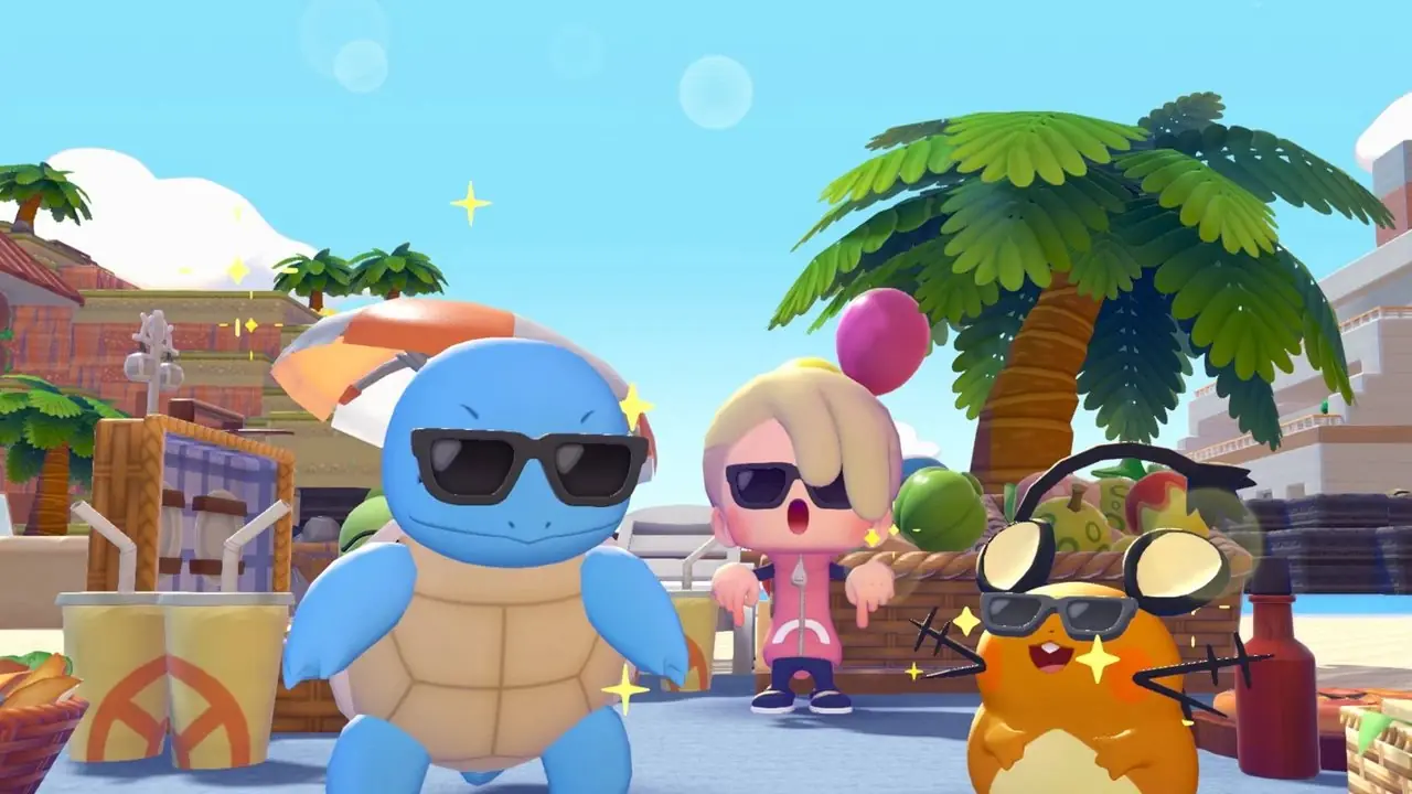 Una imagen de Ditto, Peakychu y Pikachu de Pokémon Pokopia con accesorios de cinta del segundo DLC del juego.