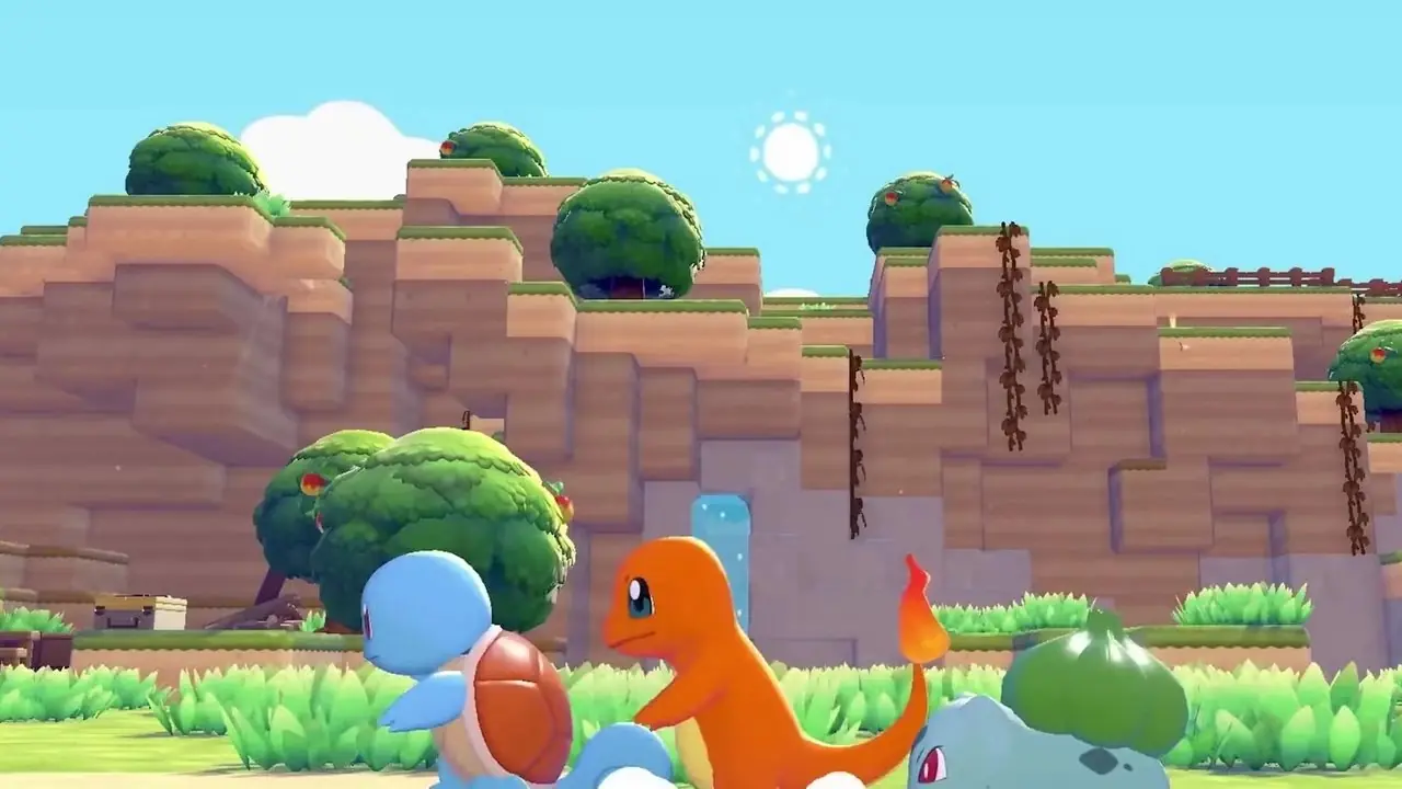 Una imagen de Ditto, Peakychu y Pikachu de Pokémon Pokopia con accesorios de cinta del segundo DLC del juego.