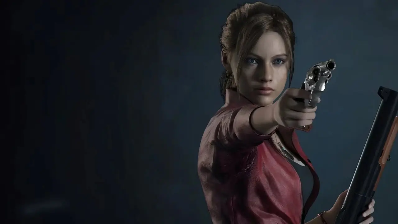 Ilustraciones de Resident Evil 2 Remake que presentan a Leon S. Kennedy, Ada Wong, Claire Redfield y otros personajes contra un departamento de policía de Raccoon City infestado de zombis por la noche.