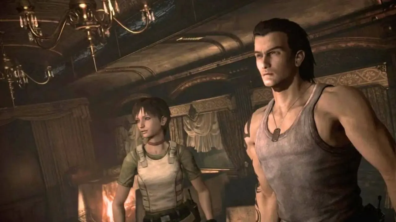 Arte de Resident Evil 2 Remake apresentando Leon S. Kennedy, Ada Wong, Claire Redfield e outros personagens contra um Departamento de Polícia de Raccoon City infestado de zumbis à noite.