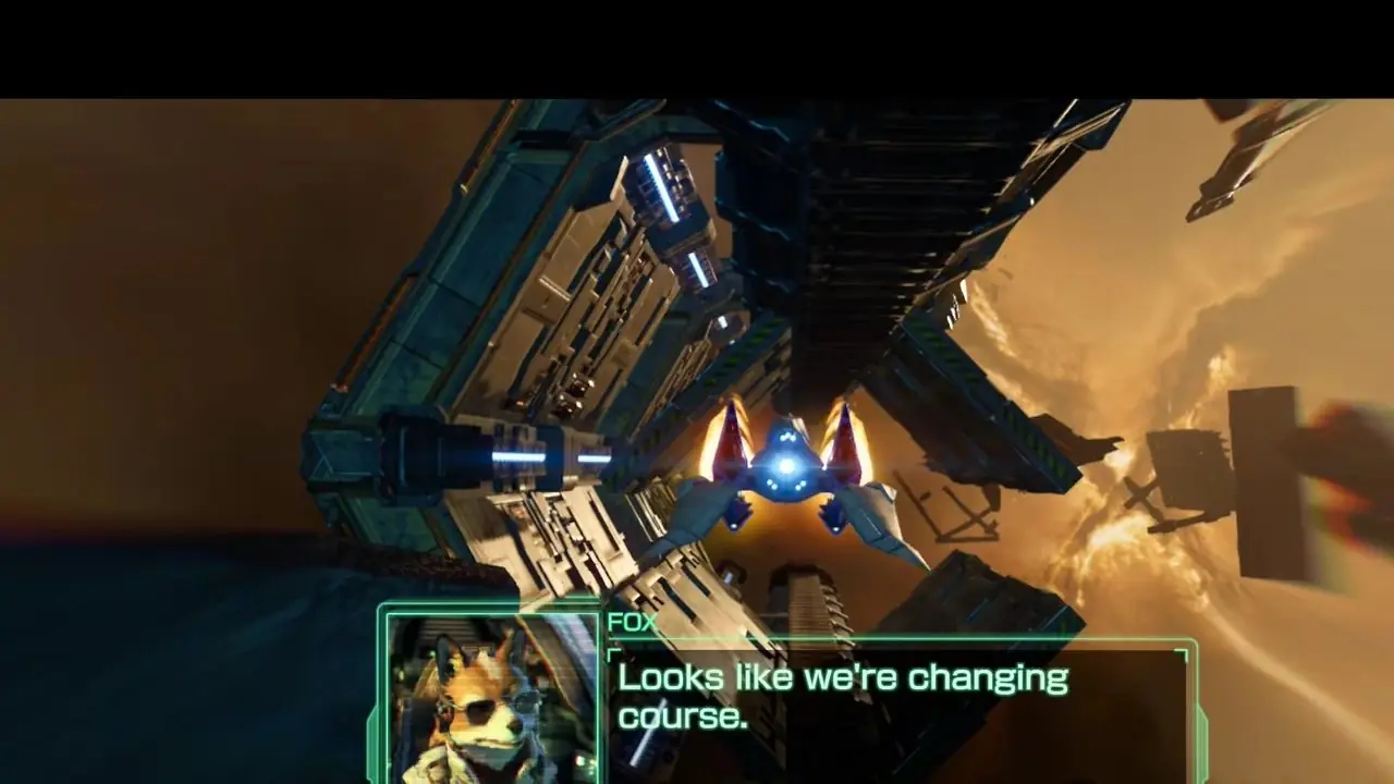 Fox와 Switch 2 Star Fox 리메이크의 Arwing 앞에 있는 Star Fox Adventures의 Fox와 Krystal