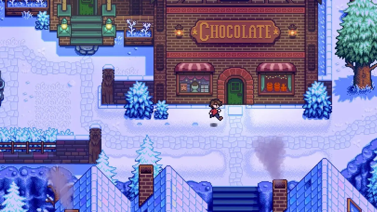 Un personaje cerca de una cascada y un estanque resplandeciente rodeado de muñecos de nieve y árboles cubiertos de nieve en Haunted Chocolatier.