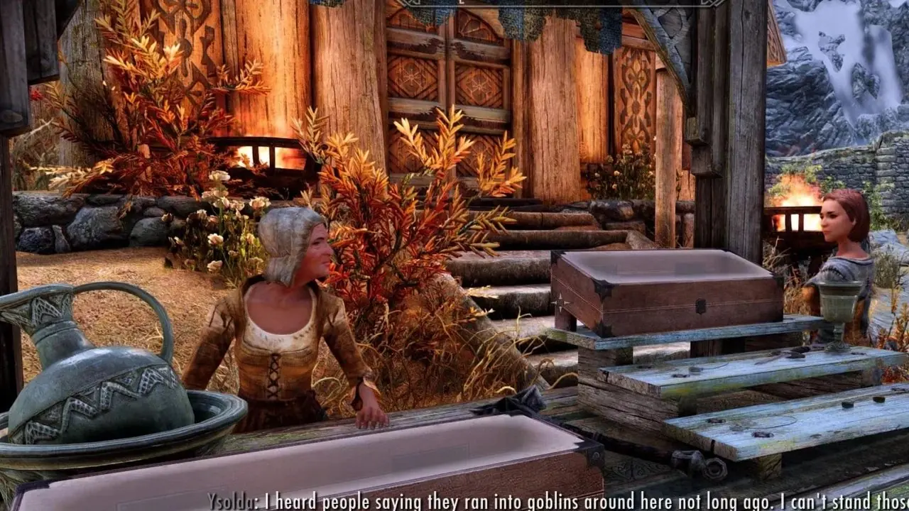 Dragonborn'un bir ejderhaya yay doğrulttuğunu gösteren Skyrim'den bir ekran görüntüsü.