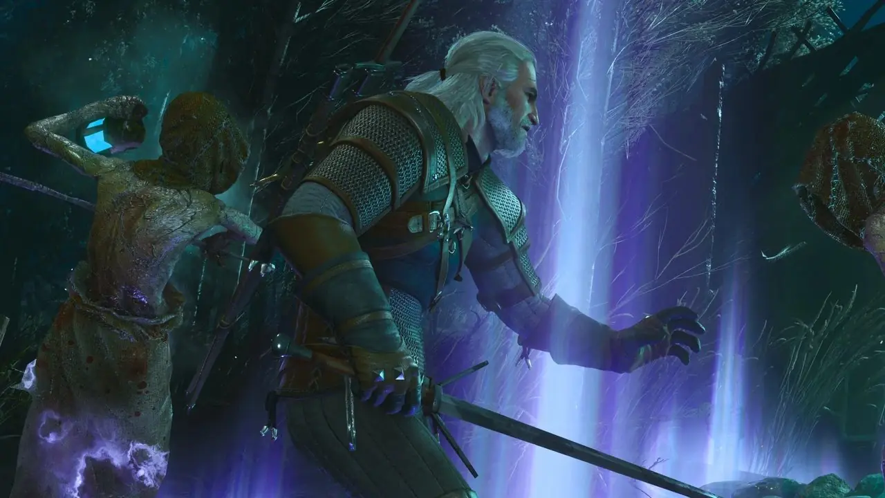 Geralt slåss mot en Griffin i solnedgången i The Witcher 3 Wild Hunt Remastered