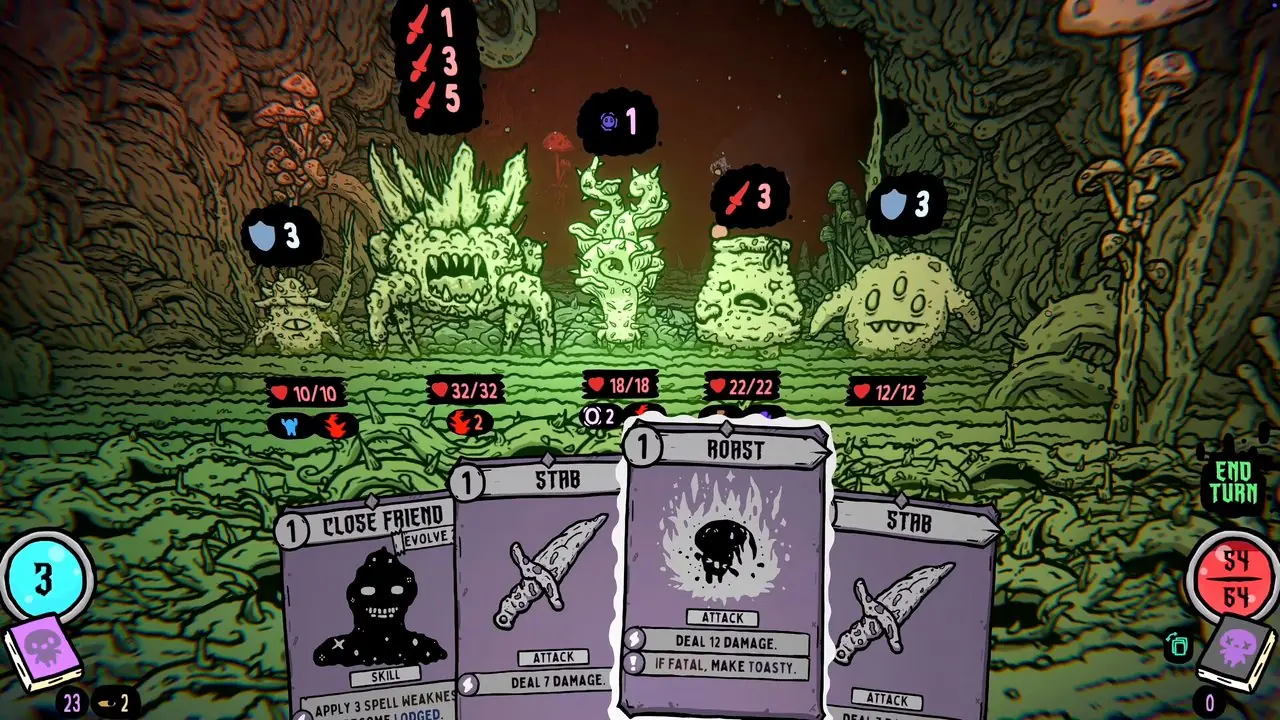 Shroom 및 Gloom 키 아트에서 카드 한 벌을 들고 있는 손