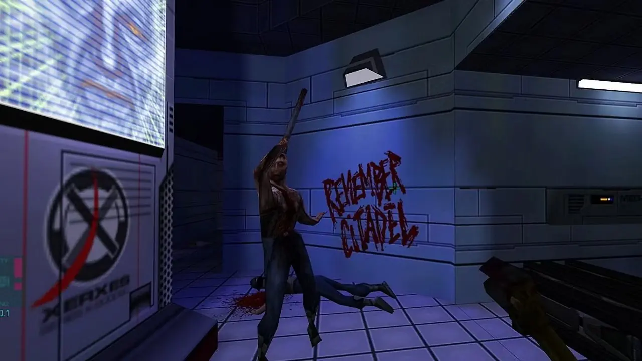 Atirando em um robô assustador em System Shock 2